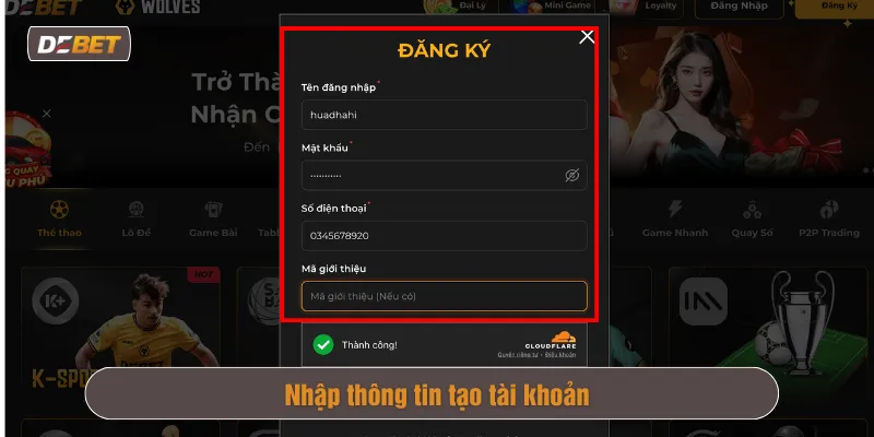 Nhập thông tin tạo acc cá cược